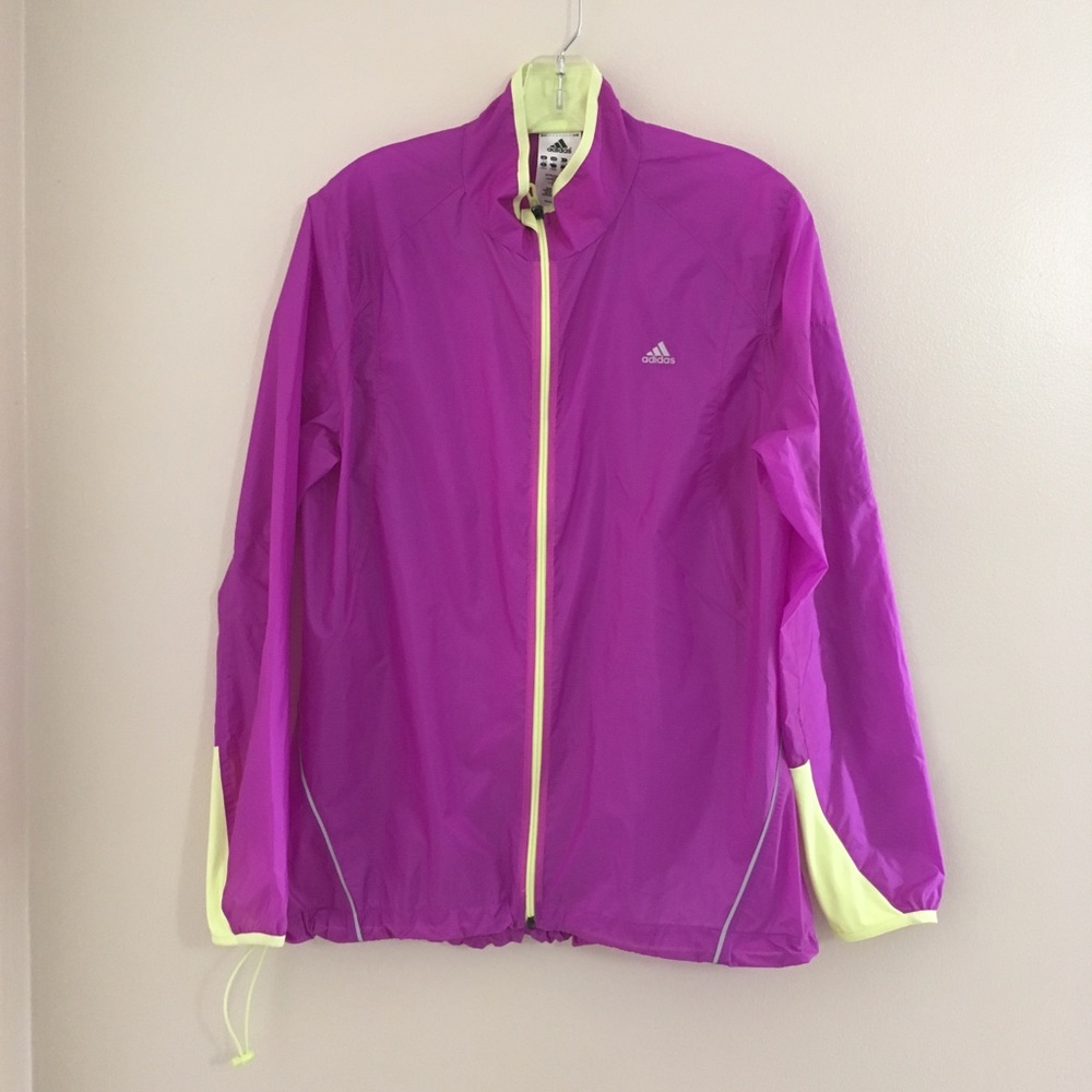 Adidas Lg Purple Zip Up Windbreaker Arm Pocket Reflective Lightweight Drawstring